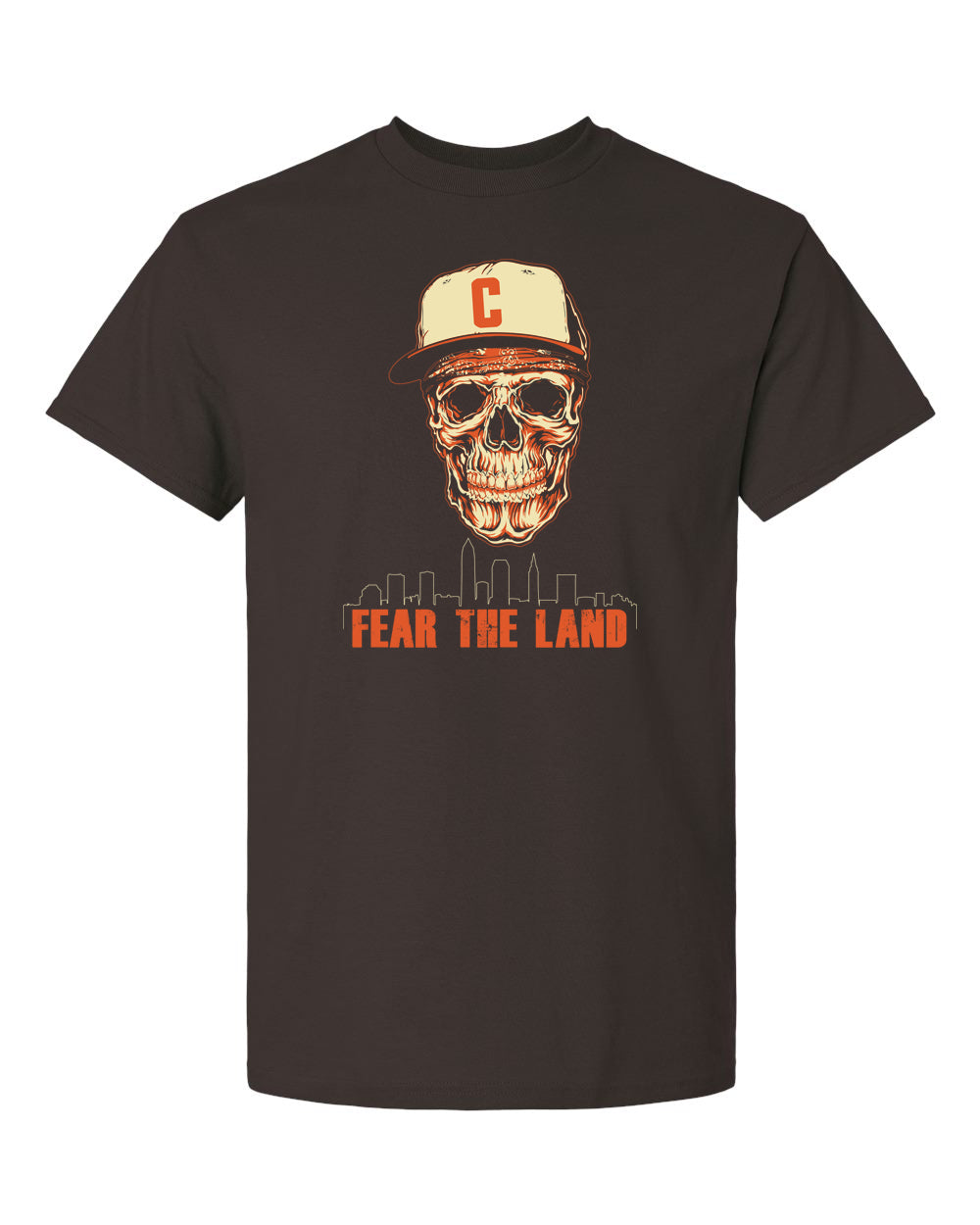 cleveland football skull fear the land skyline brown t-shirt