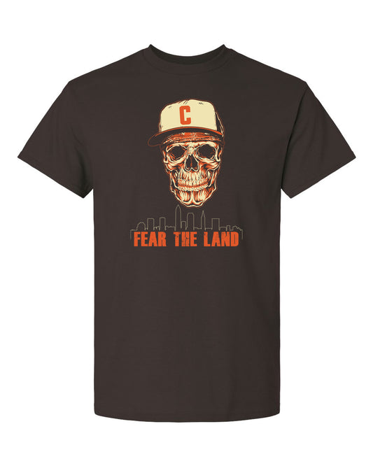 cleveland football skull fear the land skyline brown t-shirt