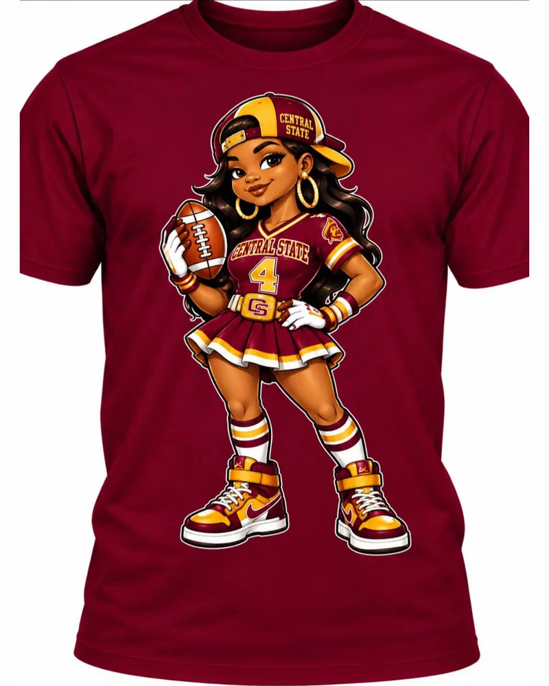 Burgundy Central State Game Day Girl T-Shirt with a cartoon fan in a number 4 Central State jersey holding a football