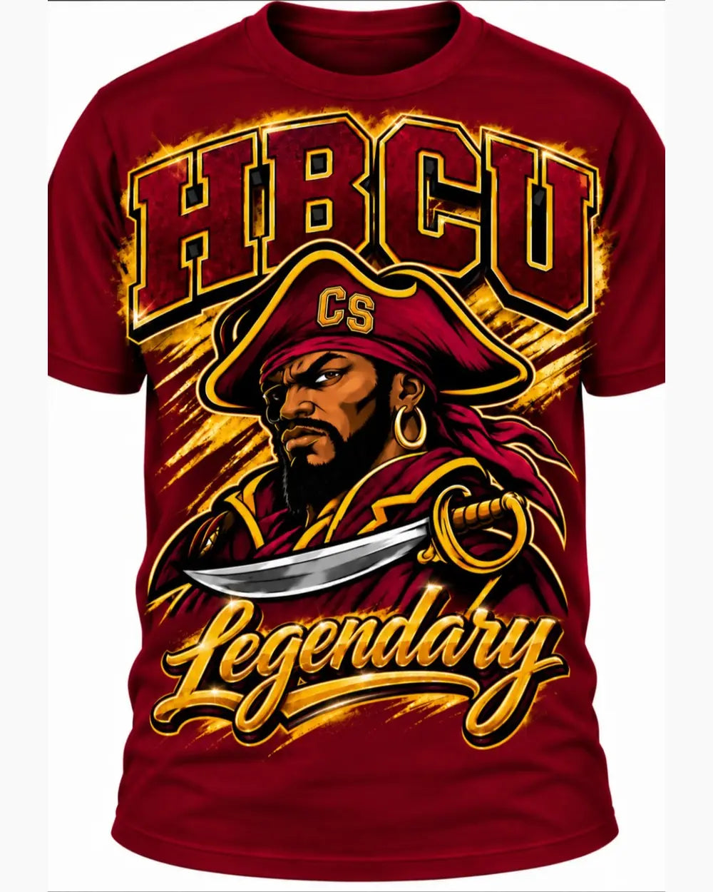 Burgundy Central State HBCU Legendary T-Shirt with a gold-trimmed Marauder pirate holding a cutlass