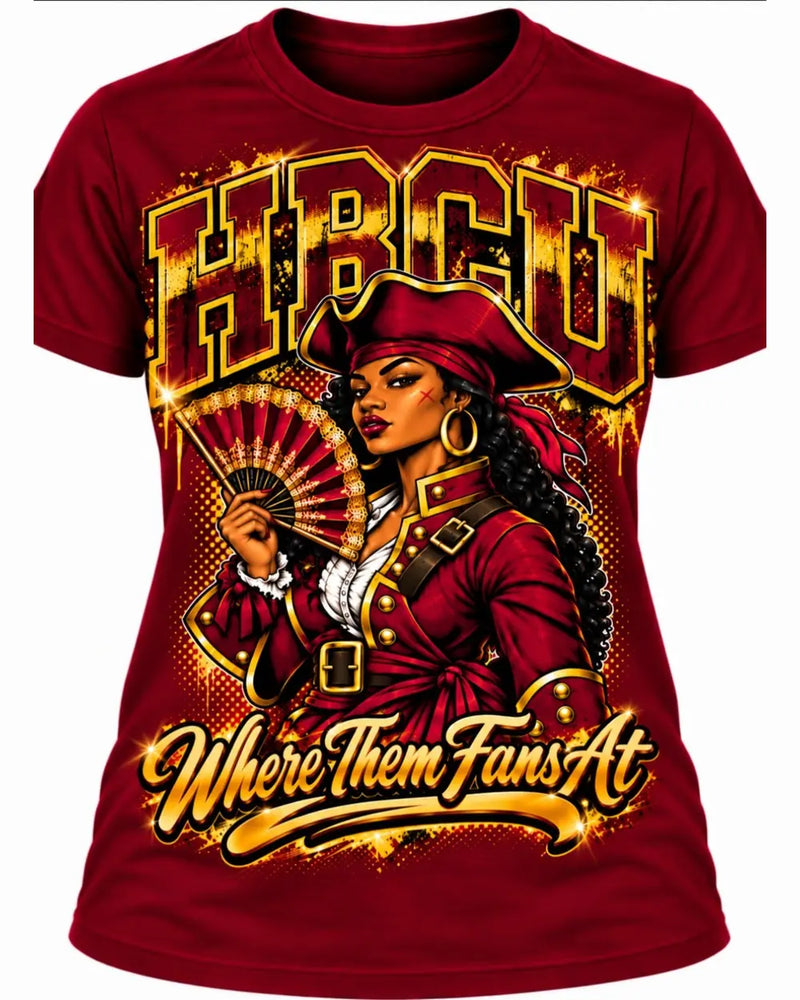 Burgundy Central State HBCU Where Them Fans At T-Shirt with a woman Marauder in pirate coat holding a fan